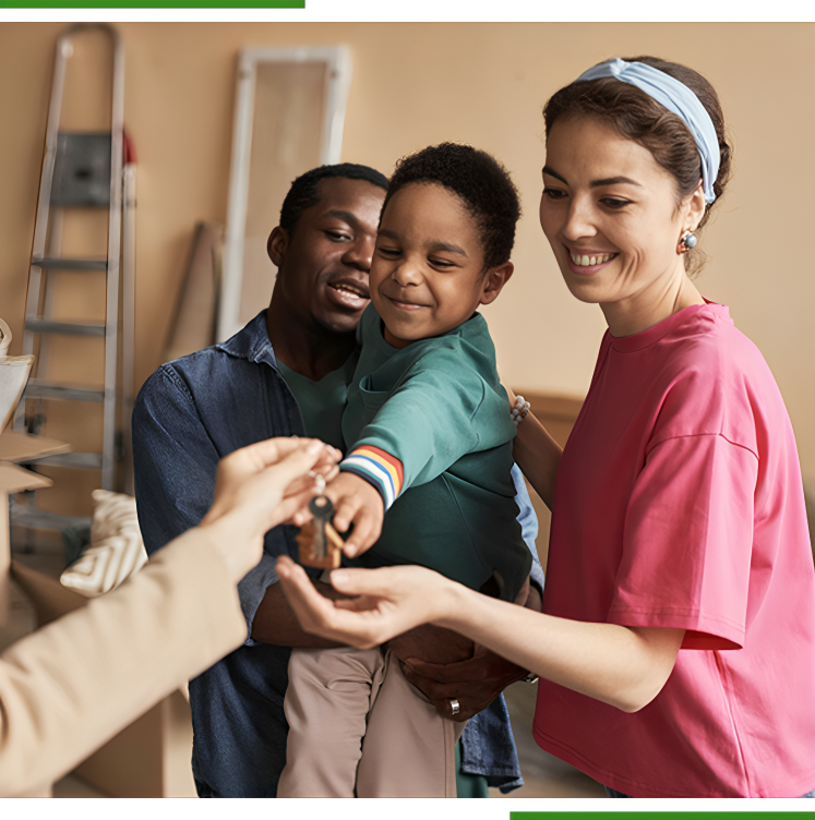 Family receiving house keys happily