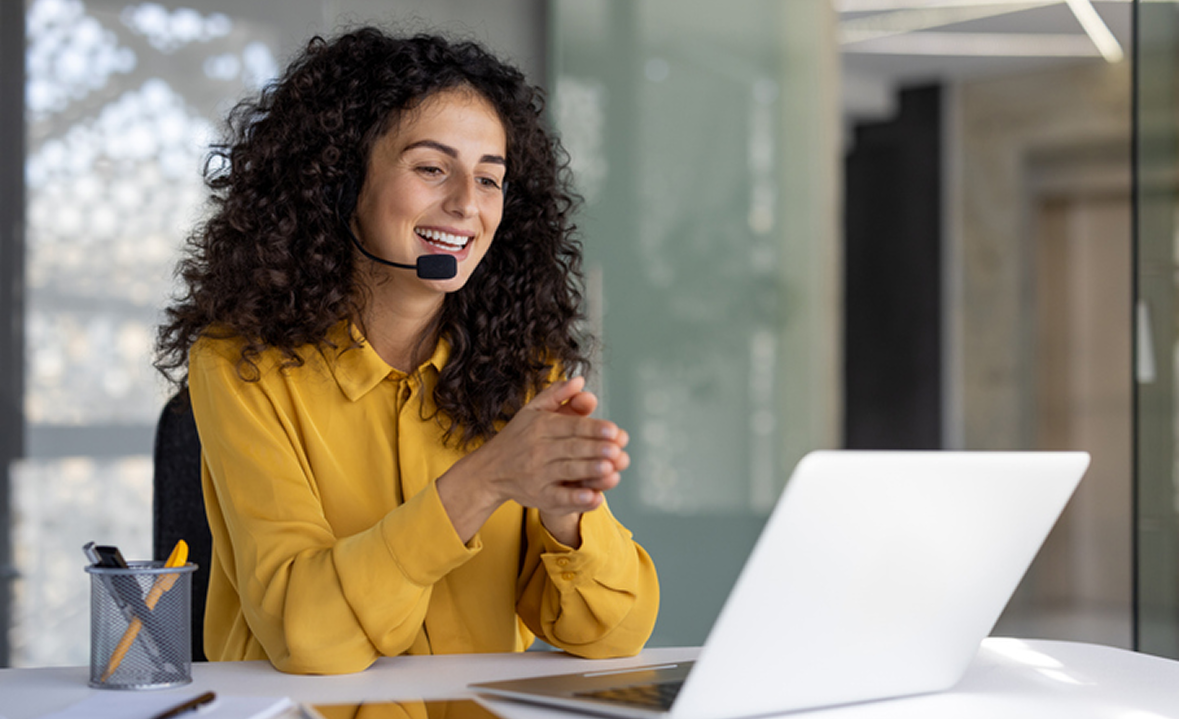 Smiling professional on a video call